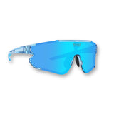 Close-up of LosReyes Elevate Blue Raz performance sports sunglasses with mirrored blue lens, aerodynamic wraparound frame, and lightweight design for training, running, and cycling