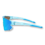 Side view of LosReyes Elevate Collection Blue Raz wraparound sports sunglasses featuring ergonomic arms, mirrored iridium lens, and UV400 performance frame