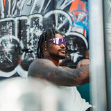 Ross500 LosReyes Elevate Grape sport sunglasses with purple reflective lens and urban graffiti setting