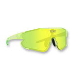 Front angle of LosReyes Elevate Lime sports sunglasses featuring a clear lime green frame, yellow-green mirrored shield lens, UV400 protection, and aerodynamic wraparound design for cycling, training, and athletic performance