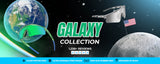 Desktop promo banner for the LosReyes Galaxy Collection featuring space-themed performance sunglasses with mirrored lenses, UV400 protection, TR90 frames, and non-slip rubber grips—highlighting green Earth-inspired shades and silver moon-reflective lenses, designed in Miami.