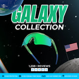 Mobile promotional banner for LosReyes Galaxy Collection featuring green mirrored wraparound sports sunglasses with UV400 protection, TR90 performance frame, and space-themed background with Earth, moon, and American flag—designed for bold athletic style and all-weather durability.