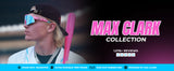 Desktop promo banner for the LosReyes Max Clark Collection featuring pink wraparound shield sunglasses with mirrored lenses and TR90 frame, UV400 protection, and anti-slip ends—co-designed by baseball phenom Max Clark for elite athletic performance and standout sportswear appeal.