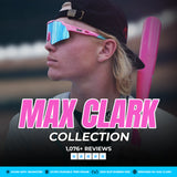 Mobile promotional graphic for LosReyes Max Clark Collection featuring pink wraparound sports sunglasses with blue mirrored shield lens, UV400 protection, TR90 frame, and non-slip rubber tips—designed for elite baseball athletes.