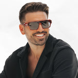 Man wearing Ares Omega sunglasses made by LosReyes and a black jacket on a white background