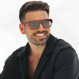 Man wearing Ares Omega sunglasses made by LosReyes and a black jacket on a white background