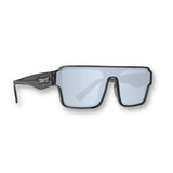 Front view of LosReyes Omega Hades performance sunglasses featuring silver mirrored shield lenses, UV400 protection, black wraparound frame, and bold design for athletes and active lifestyles
