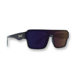 Front view of LosReyes Omega Poseidon black athletic sunglasses with dark wraparound shield lenses, UV400 protection, and bold frame design for high-impact performance and sport lifestyle