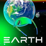 Promotional graphic of LosReyes Prime Galaxy Earth sunglasses in green and blue with mirrored performance lens orbiting Earth, highlighting next-gen athletic eyewear built for universal speed and protection.