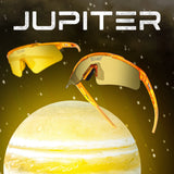Promotional graphic of LosReyes Prime Galaxy Jupiter sunglasses in space-themed backdrop, highlighting gold performance lenses, bold orange frame, and outer-space energy.