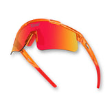 Hero angle of LosReyes Prime Galaxy Mars sunglasses with vibrant red-orange wraparound lens, aerodynamic shield design, and UV400 protection for athletic and outdoor sports.