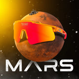 Promotional graphic of LosReyes Prime Galaxy Mars sunglasses floating above planet Mars, with red-orange mirrored lenses and space-themed high-performance appeal.