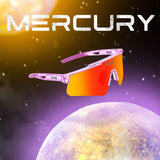 Promotional graphic of LosReyes Prime Galaxy Mercury sunglasses with orange mirrored lens floating above planet Mercury, highlighting cosmic theme and high-performance design.