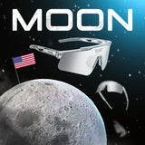 Cosmic promo graphic of LosReyes Prime Galaxy Moon sunglasses floating above the lunar surface, emphasizing space-inspired silver lens, minimalist design, and statement-making sport style.