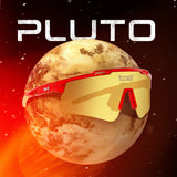 Promotional graphic of LosReyes Prime Galaxy Pluto red sports sunglasses with mirrored yellow shield lens, designed for elite athletes and cosmic-level protection.