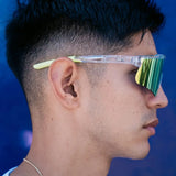 Lifestyle side view of LosReyes Prime Galaxy Saturn yellow shield sunglasses worn by model, highlighting lightweight frame and aerodynamic design for athletic use.