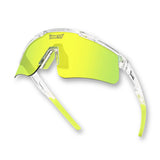 Hero angle of LosReyes Prime Galaxy Saturn wraparound sports sunglasses in yellow with mirrored lenses, transparent speckled frame, and no-slip temple tips for maximum field visibility.