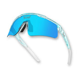 Hero angle of LosReyes Prime Galaxy Uranus mirrored blue performance sunglasses with aerodynamic lens, ventilated nose grip, and clear polycarbonate frame for high-speed activities.