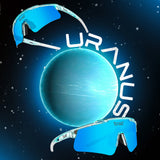 Promotional graphic of LosReyes Prime Galaxy Uranus sunglasses with electric blue mirrored lens and cosmic background, highlighting futuristic sports eyewear in orbit-themed design.
