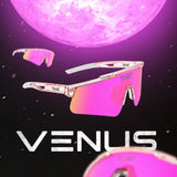Promotional graphic of LosReyes Prime Galaxy Venus sunglasses in space theme with pink mirrored lenses and cosmic energy, highlighting their futuristic design and performance.