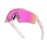 Hero angle of LosReyes Prime Galaxy Venus sports sunglasses with vibrant pink mirrored lenses, lightweight clear frame, and aerodynamic wraparound design.