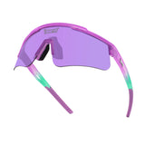 Hero angle of LosReyes Prime Jurassic Brontosaurus purple performance sunglasses with mirrored wrap lens, ombré green-to-pink temple arms, and aerodynamic shield design for elite training, baseball, and cycling.