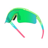 Hero angle of LosReyes Prime Jurassic Pterodactyl athletic sunglasses with a transparent green-blue performance frame, panoramic mirrored lens, and sport-optimized nose grip.