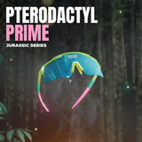 Promotional graphic of LosReyes Prime Jurassic Pterodactyl green-blue mirrored performance sunglasses suspended in a Jurassic forest theme, highlighting their bold wrap lens and elite sport styling.
