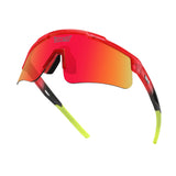 Hero angle of LosReyes Prime Jurassic T-Rex sunglasses in red with wraparound shield design, high-performance mirrored lens, and anti-slip grips for athletic versatility.