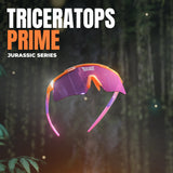 Promotional graphic of LosReyes Prime Jurassic Triceratops sunglasses from the Jurassic Series, styled with bold mirrored lenses and an orange-pink sports frame built for impact.