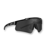 Hero angle of LosReyes Prime Polarized Black sunglasses with full blackout wraparound design, polarized shield lens, and UV400 sun protection—engineered for peak athletic performance and high-intensity sports