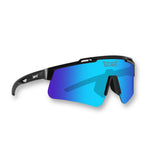 Hero angle of LosReyes Prime Polarized Blue sunglasses with sleek black wraparound frame and vibrant blue mirrored shield lens, built for UV400 sun protection, high-speed sports, and all-day athletic performance