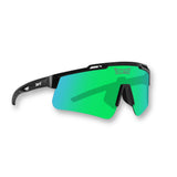 Hero view of LosReyes Prime Polarized Green sunglasses showcasing high-contrast mirrored green shield lens, wraparound black performance frame, and UV400 protection for elite sports, cycling, and outdoor activity
