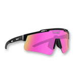 Hero angle of LosReyes Prime Polarized Pink sunglasses with vibrant mirrored pink wraparound shield lens, matte black frame, and UV400 protection engineered for elite sports and outdoor training