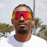 Close-up of LosReyes Prime Polarized sunglasses with fiery red lens – premium polarized sunglasses for men