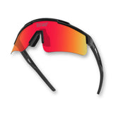 Hero angle of LosReyes Prime Polarized Red wraparound sunglasses with high-contrast red polarized shield lens, lightweight sport-fit frame, and anti-glare coating designed for intense sunlight, field performance, and high-mobility movement.