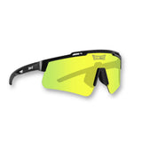 Hero angle of LosReyes Prime Polarized Yellow sports sunglasses with bold black frame and high-contrast yellow mirrored polarized shield lens, engineered for peak UV400 sun protection and elite wraparound athletic performance