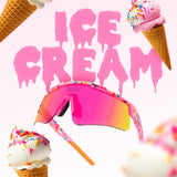 Hero promo image of LosReyes Prime Youth Cream kids sports sunglasses with pink UV400 mirrored lenses, sprinkle-patterned frame, and fun ice cream visuals for summer marketing