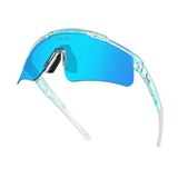 Hero angle of LosReyes Prime Youth Ice Cube performance sunglasses with blue wraparound mirrored shield lenses, translucent ice-blue frame, and full-spectrum UV400 protection.