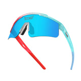 Hero angle of LosReyes Prime Youth Rocket Pop wraparound sports shades with vibrant patriotic colors, mirrored blue lens, ergonomic grip tips, and UV400 sun protection for active kids.