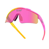 Hero angle of LosReyes Prime Youth Strawberry Banana sunglasses for kids with mirrored pink shield lenses, pink-yellow dual-color frame, and wraparound sports design offering UV400 sun protection