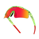 Hero angle of LosReyes Prime Youth Watermelon sports sunglasses with red iridium mirrored shield lens, UV400 protection, and vibrant green splatter frame designed for youth athletic performance.