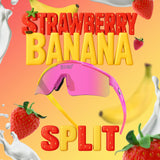Strawberry Banana Split sunglasses by LosReyes with pink mirrored lens, yellow arms, and vibrant fruit-themed background including strawberries, bananas, and splashing milk.
