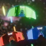 UV400 non-polarized Galaxy sunglasses with interchangeable shield lenses displayed in a glowing nebula background.