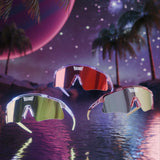 Three Galaxy series sunglasses with UV400 shield lenses and interchangeable lens system displayed over a futuristic tropical landscape.
