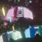 Venus, Uranus, and Moon Galaxy sunglasses featuring UV400 protection, changeable lenses and rubberized temples against a cosmic landscape.