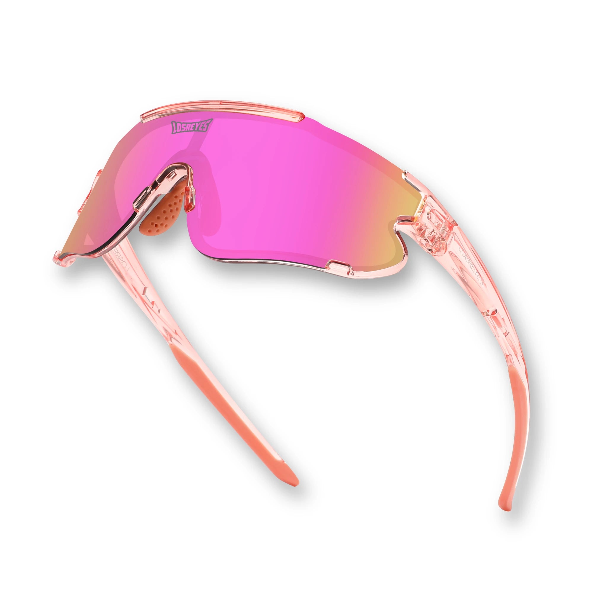 Angled hero view of LosReyes Elevate Bubble Gum performance wraparound sunglasses in translucent pink with gradient mirrored shield lens, lightweight impact-resistant frame, and anti-slip nose grips for athletic use