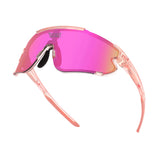 Angled hero view of LosReyes Elevate Bubble Gum performance wraparound sunglasses in translucent pink with gradient mirrored shield lens, lightweight impact-resistant frame, and anti-slip nose grips for athletic use