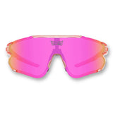Front view of LosReyes Elevate Bubble Gum pink mirrored sports sunglasses with shield-style UV400 lens, translucent pink frame, and full-wrap design for outdoor training, baseball, and cycling
