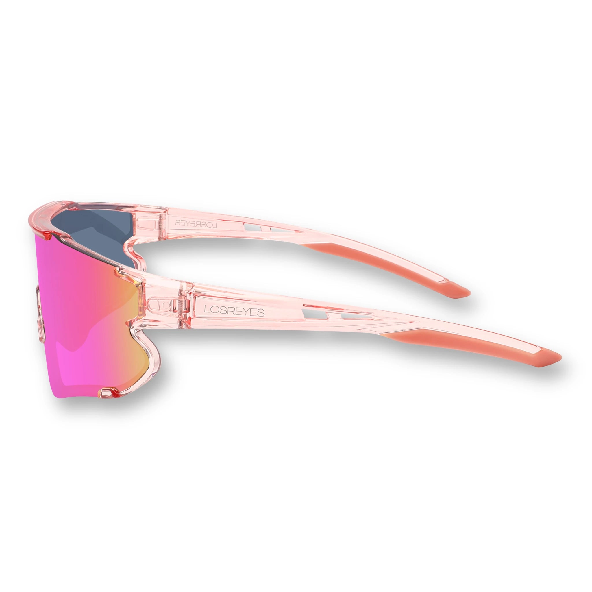 Side profile of LosReyes Elevate Bubble Gum translucent pink shield sunglasses featuring aerodynamic arms, UV-blocking mirrored lens, and contoured fit for high-speed sports and active youth athletes